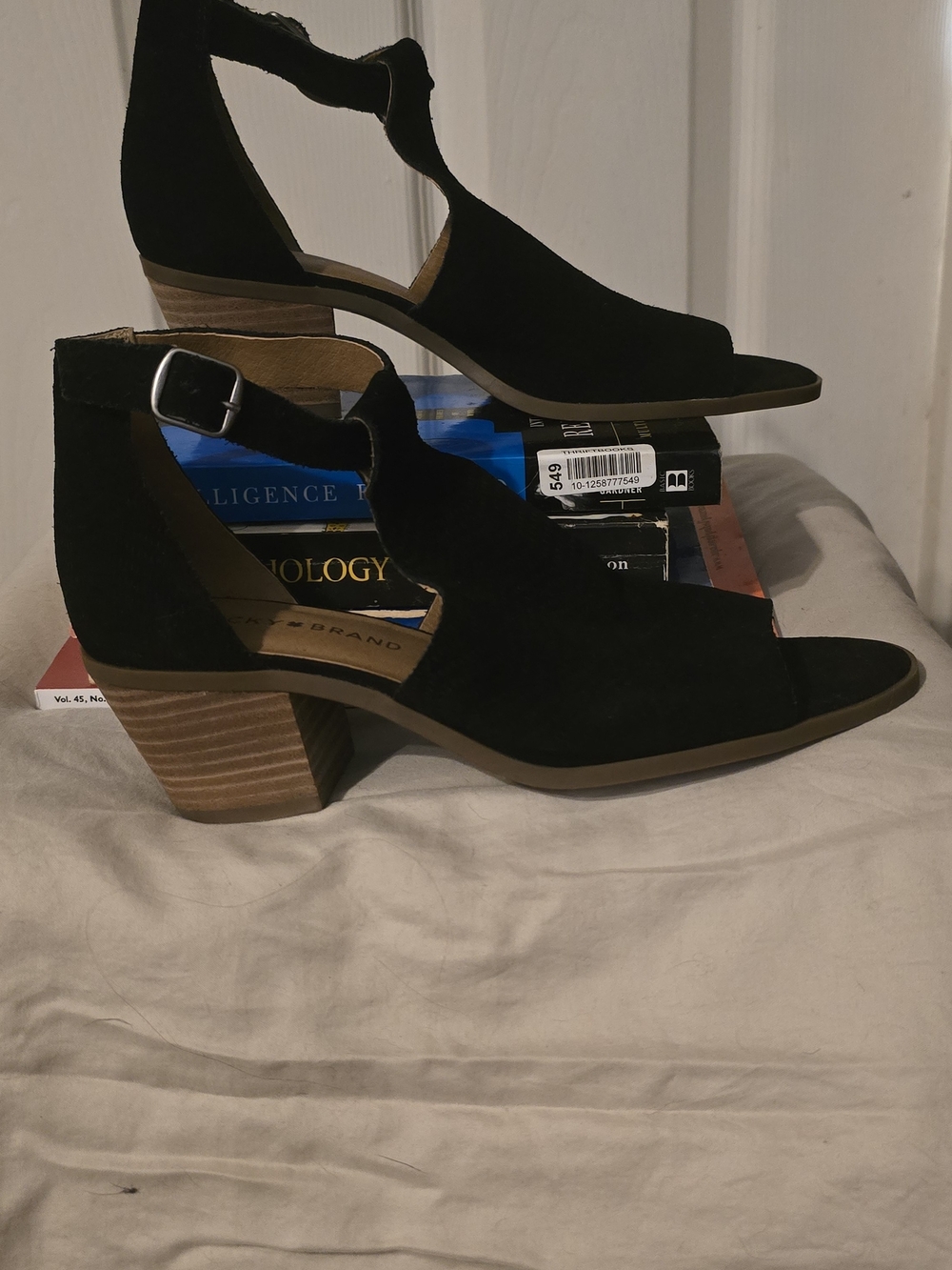 Lucky Brand Women’s 8M Black Suede Peep Toe Ankle Strap Block Heel Sandals